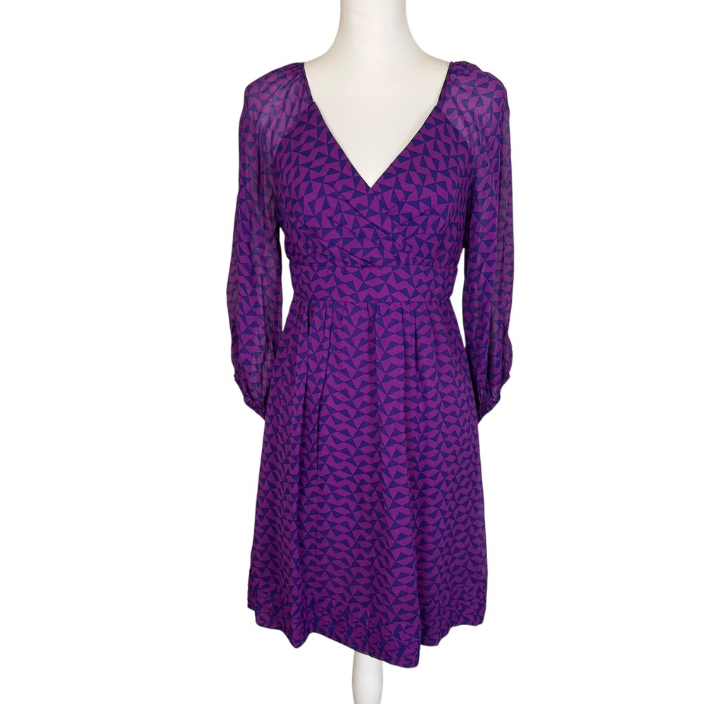 Shoshanna Purple Geometric Print 100% Silk V-Neck Dress Size 8 Long Sleeve